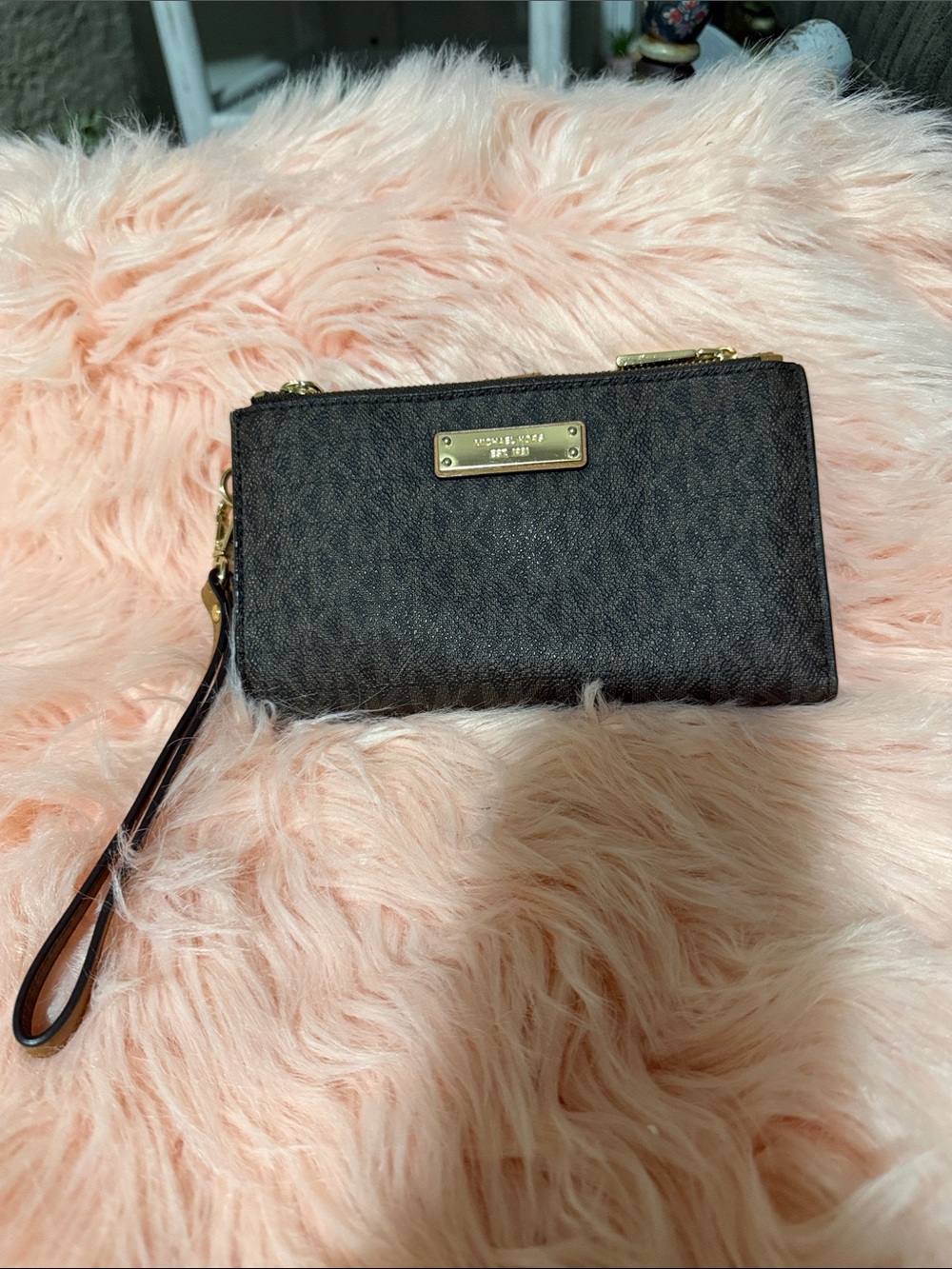 Michael Kors Dark Brown Signature Zip Wristlet with Gold Plate